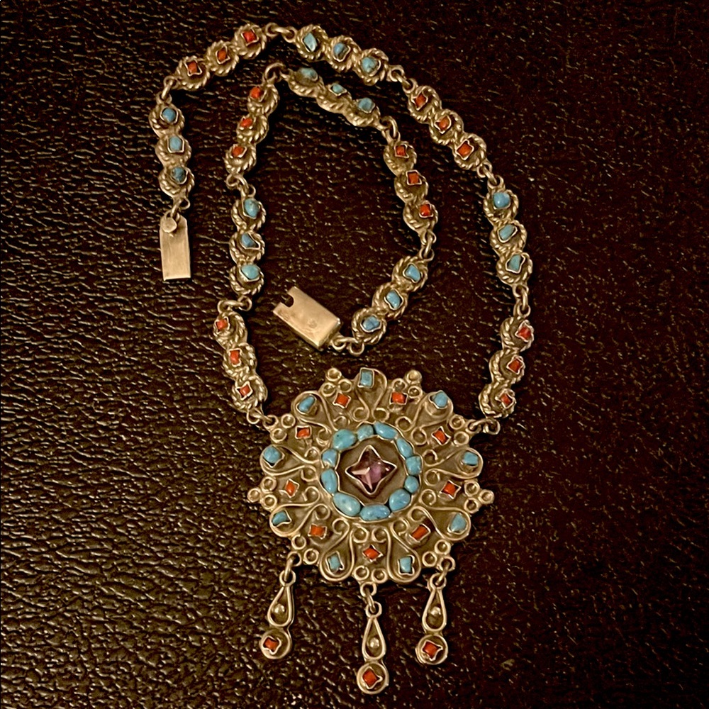 Elegant Silver turquoise, and coral Matl style Necklace 20 inches long